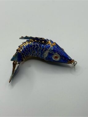 VTG Blue and Gold Tone Enamel Cloisonne Articulated Koi Fish Pendant 4”